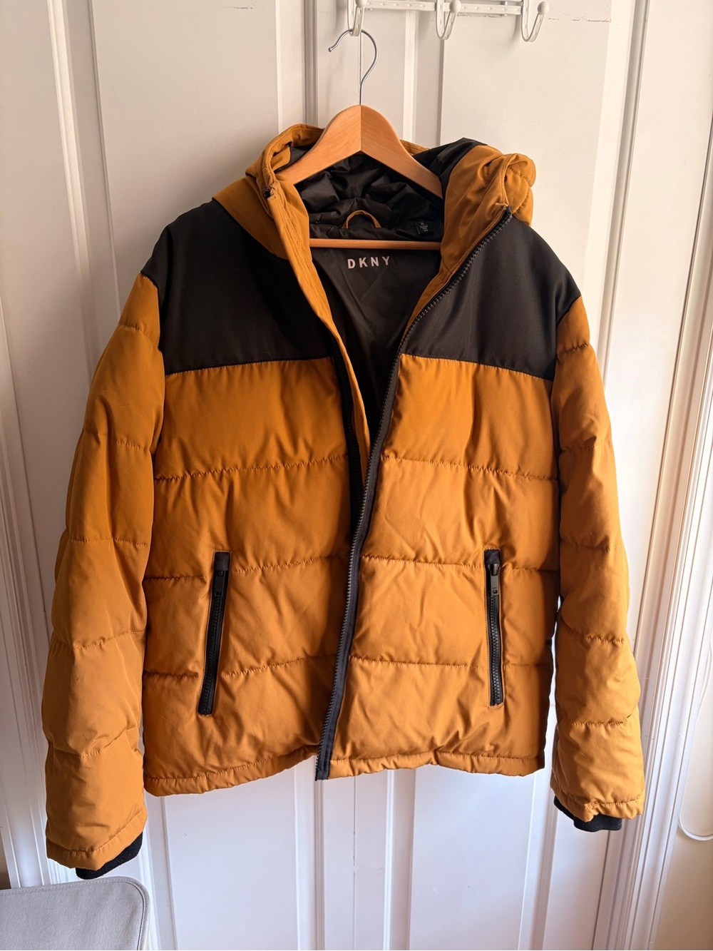 DKNY Mustard and Black Hooded Puffer Jacket Coat